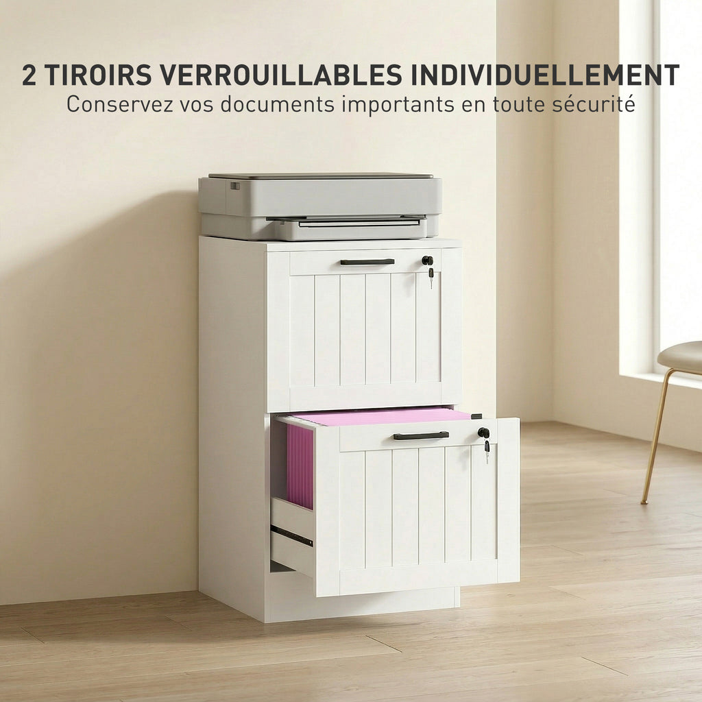 Caisson bureau, meuble rangement bois 2 tiroirs et serrure, barres de suspension réglables, 40 x 40 x 71 cm, blanc-5