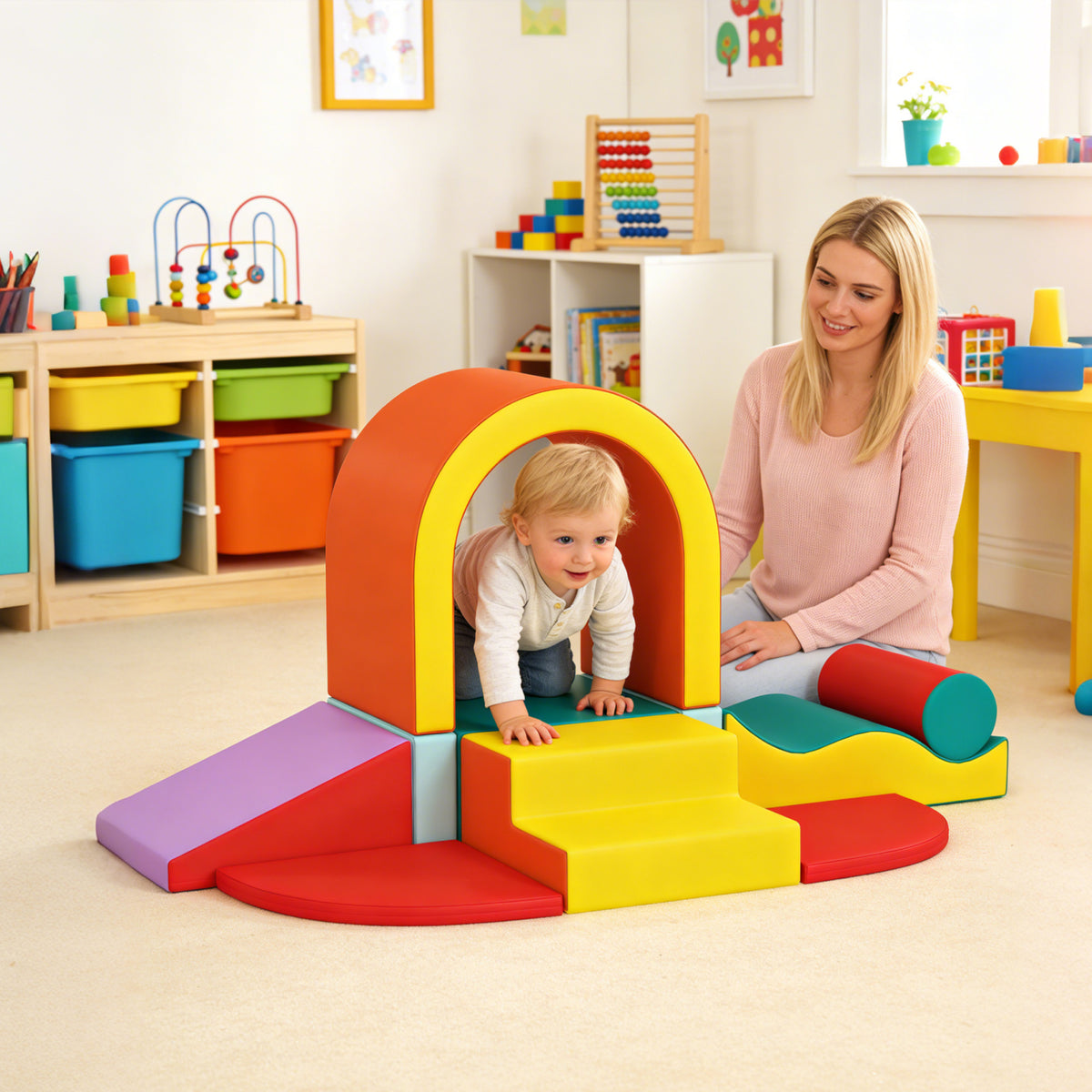 Parcours motricité bébé 10PCS, module motricité bébé en mousse EPE avec housse en revêtement PU, multicolore-1