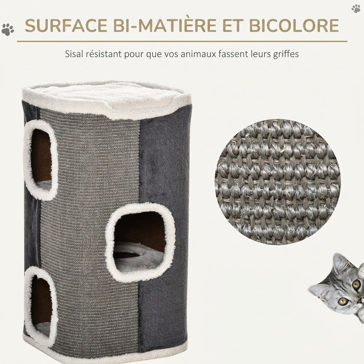 Tonneau à Gratter pour Chat 3 Niveaux en Peluche et Sisal, 3 Zones, 2 Grands Trous Interconnectés, 40x40x74cm, Gris-4