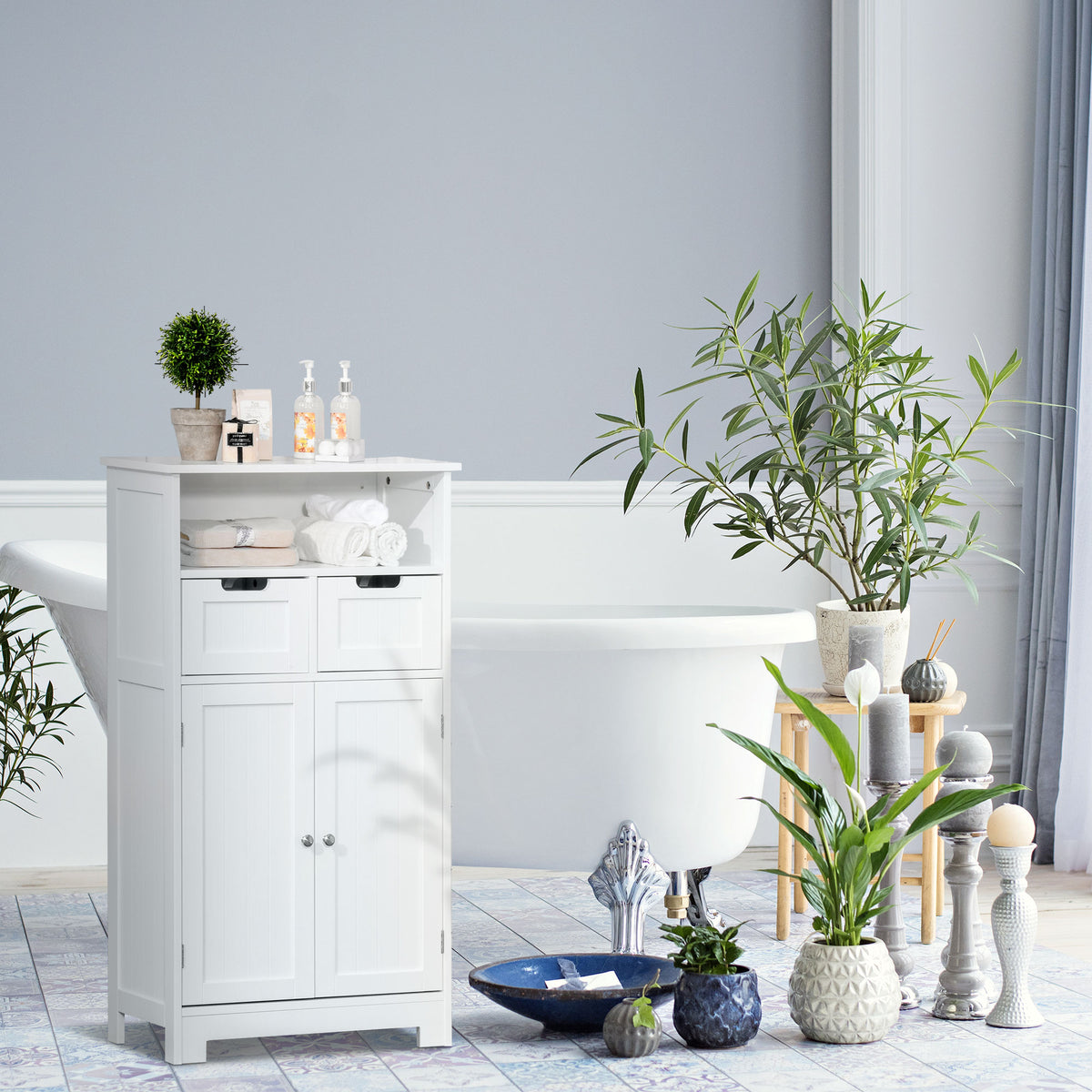 Meuble de salle de bain, meuble de rangement avec 2 tiroirs, niche, placard avec porte, étagère réglable, armoire de salle de bain, cuisine, salon, 60 x 30 x 109 cm, blanc-1