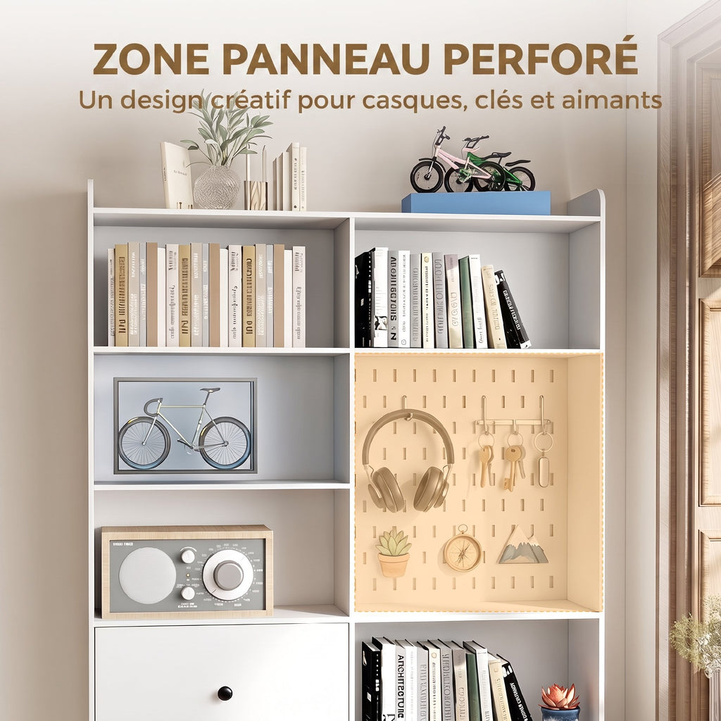 Bibliothèque, Étagère 6 Niveaux, 120 x 30 x 200 cm, Meuble de Rangement avec 2 Tiroirs et Panneau Perforé, Blanc-4