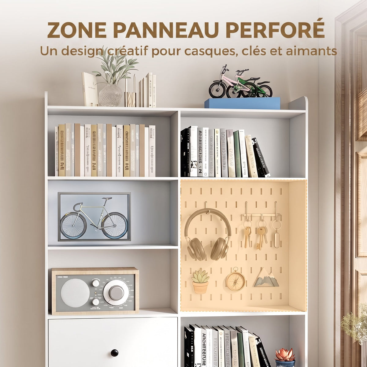 Bibliothèque, Étagère 6 Niveaux, 120 x 30 x 200 cm, Meuble de Rangement avec 2 Tiroirs et Panneau Perforé, Blanc-4