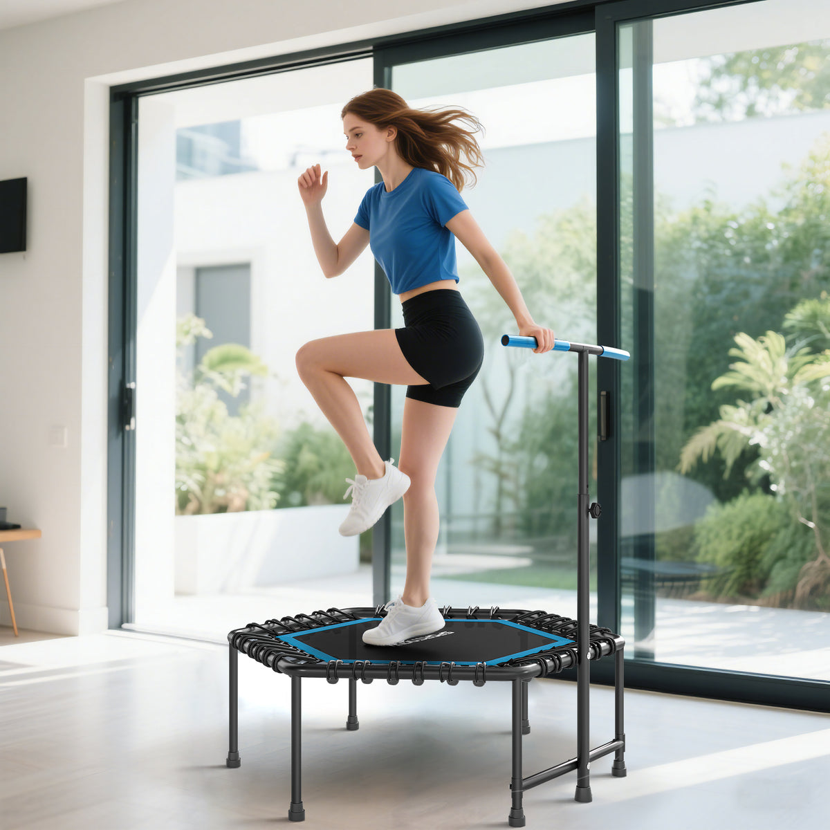 Trampoline de fitness 114 cm, cordes élastiques, poignée réglable 3 positions, trampoline d'exercice silencieux, bleu-9