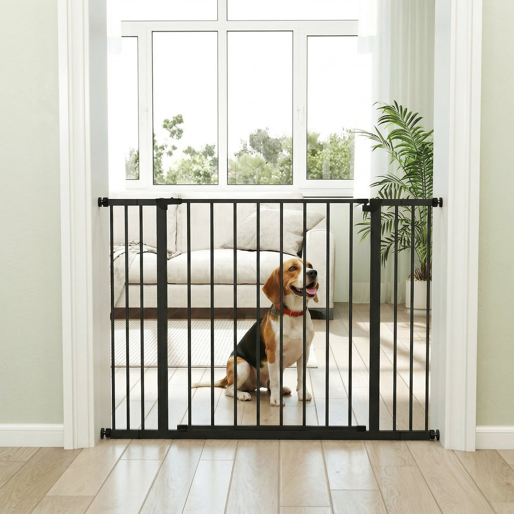 Barrière de Sécurité Chien Réglable 76-107 cm, avec 2 Rallonges (10/15 cm), Ouverture d'une Main, sans Perçage, Noir-7