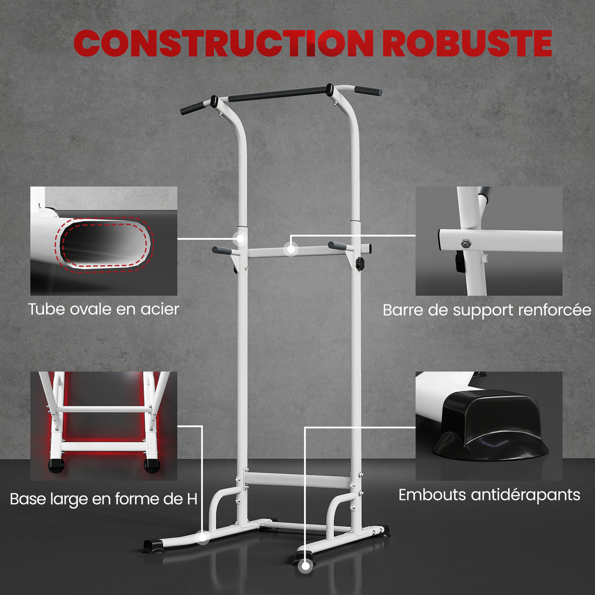 Power tower dip barre de traction autoportante réglable en hauteur cadre acier 91,5 x 97,5 x 176,5-227 cm pour la maison-5