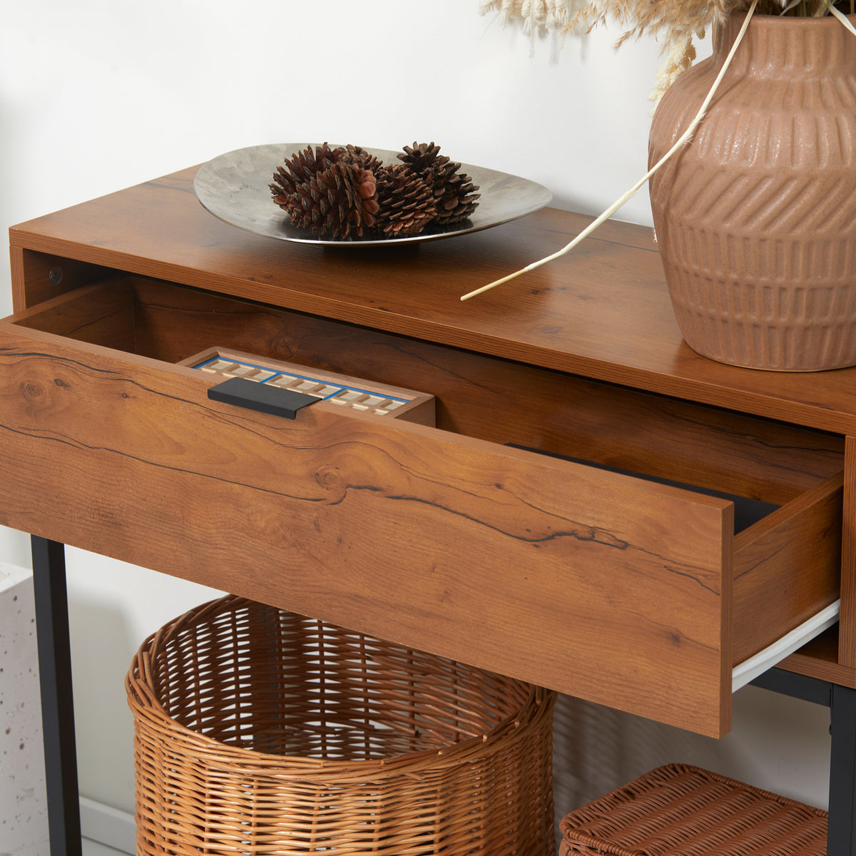 Console meuble, table console avec tiroir et pieds en acier, pour salon, entrée, couloir, 80 x 30 x 76 cm, marron-6