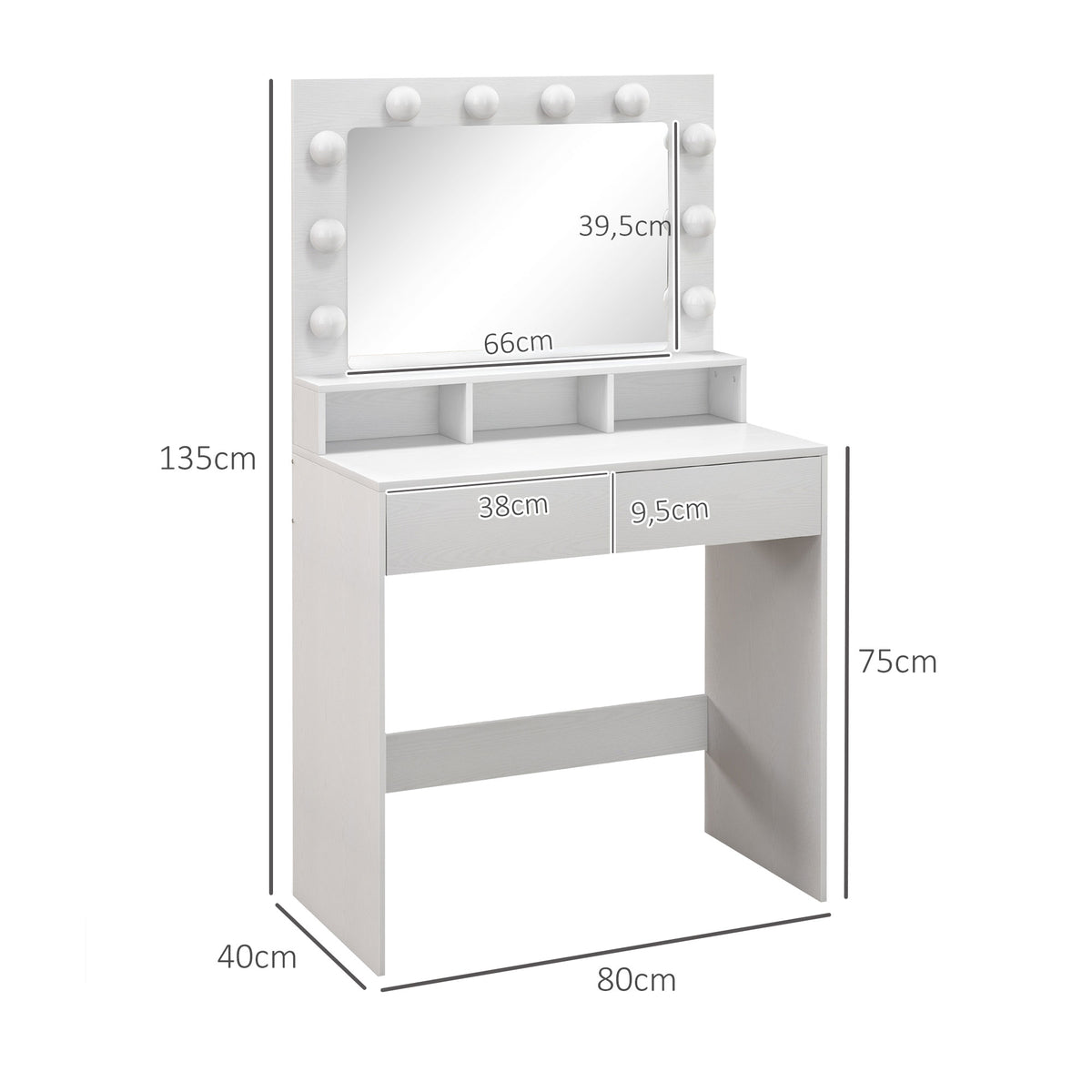 Coiffeuse avec miroir Hollywood, tiroirs, 3 modes d'éclairage, 10 ampoules, 80 x 40 x 135 cm, blanc-2