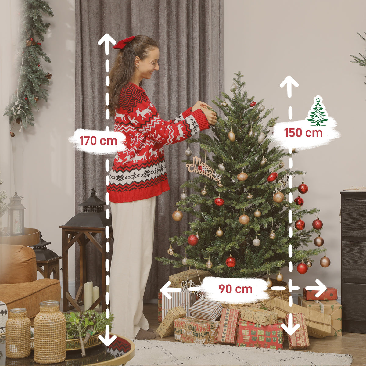 Sapin de Noël artificiel 150 cm, arbre de Noël réaliste avec 1202 pointes de branche articulée, support en métal, vert-2