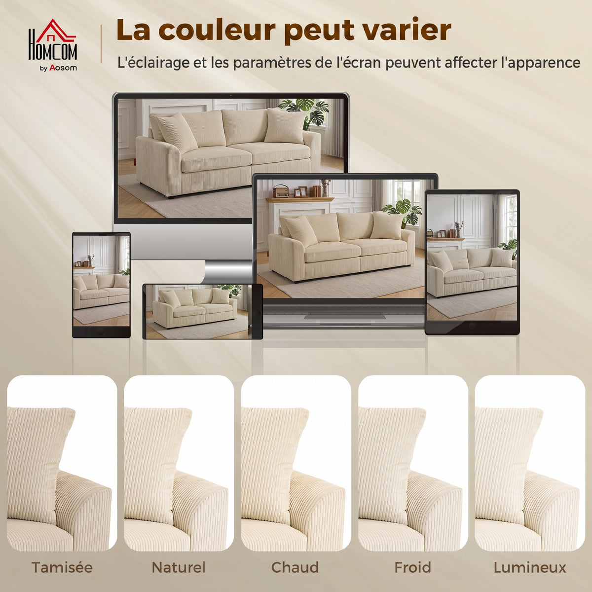 Canapé 3 places 212 cm avec 2 coussins à ressorts, tissu velours côtelé, pour salon, chambre, bureau à domicile, crème-6
