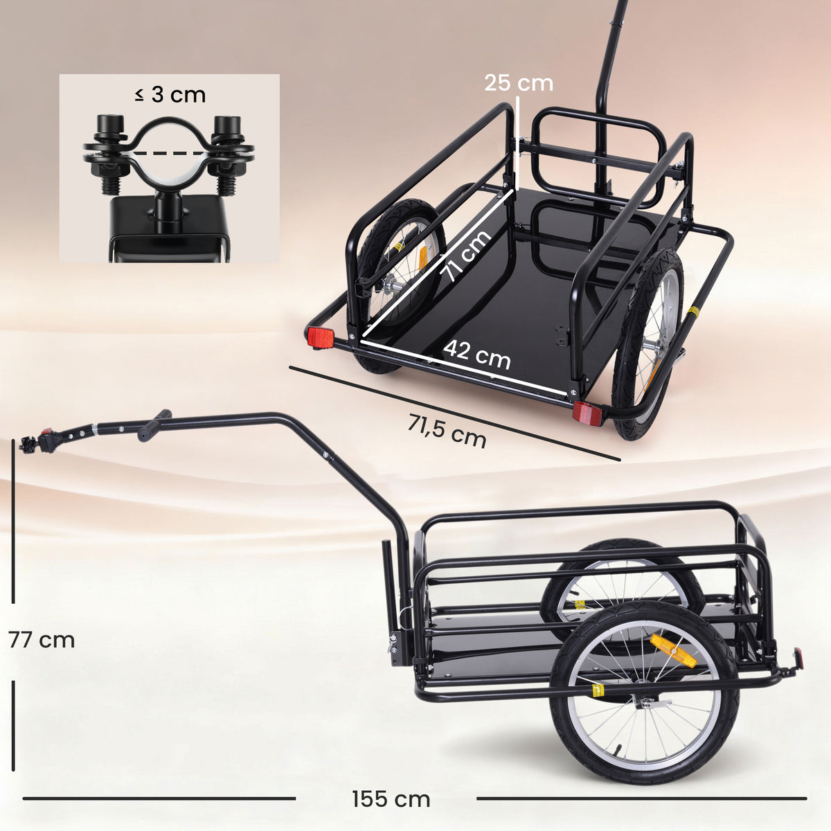 Remorque vélo remorque de transport pour vélo 70 L 155L x 71,5l x 77H cm poignée barre d'attelage universelle pliable acier Charge max. 40 Kg noir-2