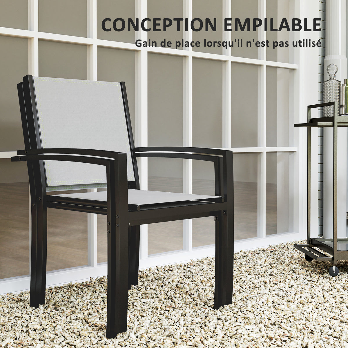 Lot de 2 chaises de jardin chaises empilables d'extérieur avec accoudoirs, cadre en acier 60 x 65 x 85 cm gris clair-4