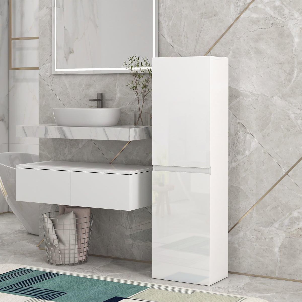 Meuble colonne rangement salle de bain style contemporain 2 placards étagères réglables 35 x 25 x 120 cm blanc laqué-1