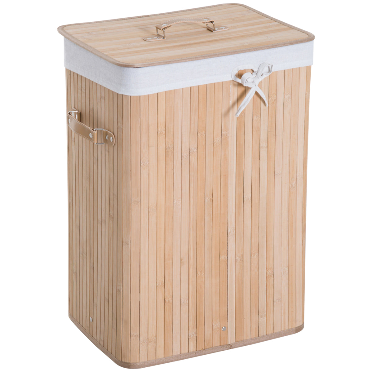 Panier à linge corbeille à linge bac à linge bambou pliable couvercle sac amovible 3 poignées PU 40L x 30l x 60H cm beige-0