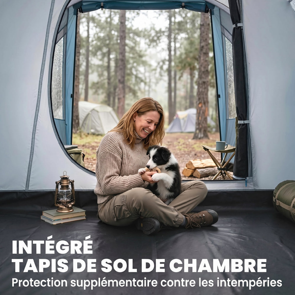 Tente de camping familiale 3 personnes, tente tunnel imperméable, 2 portes fenêtres, ventilée 4,6 x 2,6 x 1,9 m, bleu-5