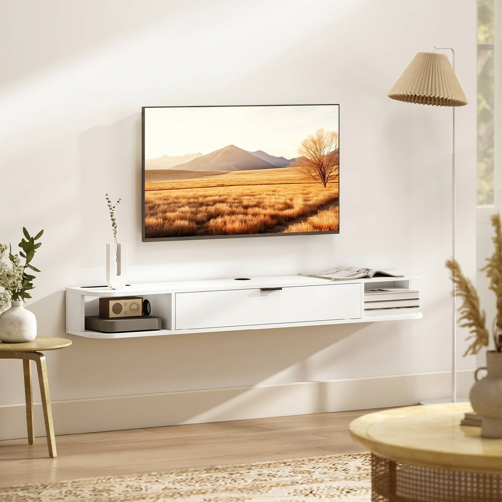 Meuble TV Suspendu, Meuble Télé pour Téléviseur jusqu'à 60 Pouces, Tiroir Rabattable, 2 Étagères, 140x24x16cm, Blanc-6