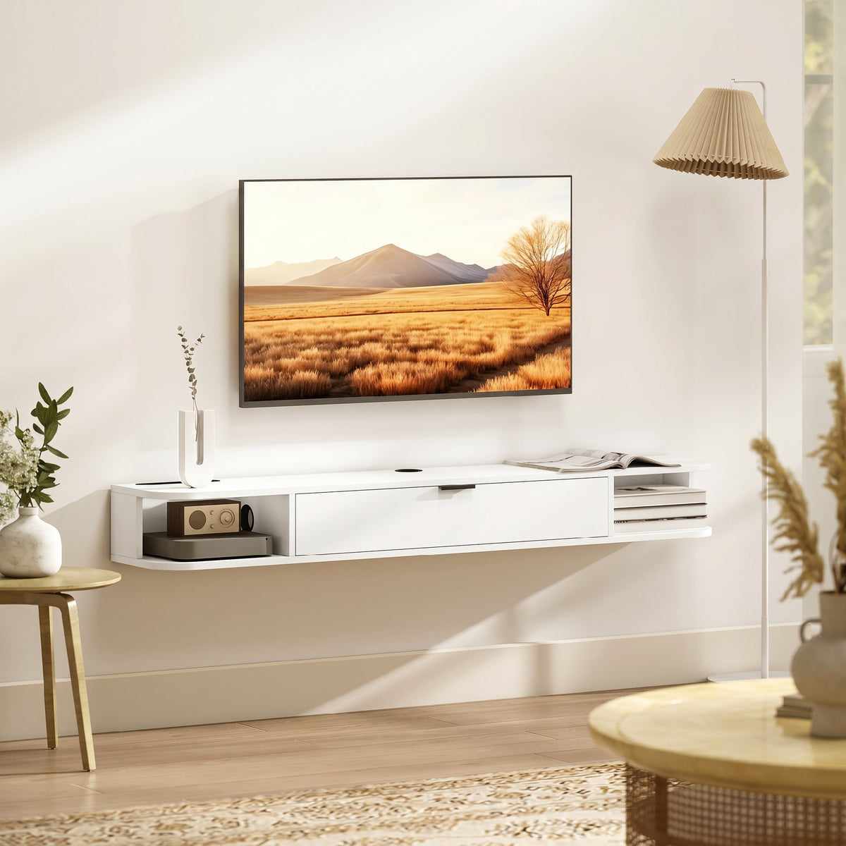 Meuble TV Suspendu, Meuble Télé pour Téléviseur jusqu'à 60 Pouces, Tiroir Rabattable, 2 Étagères, 140x24x16cm, Blanc-6