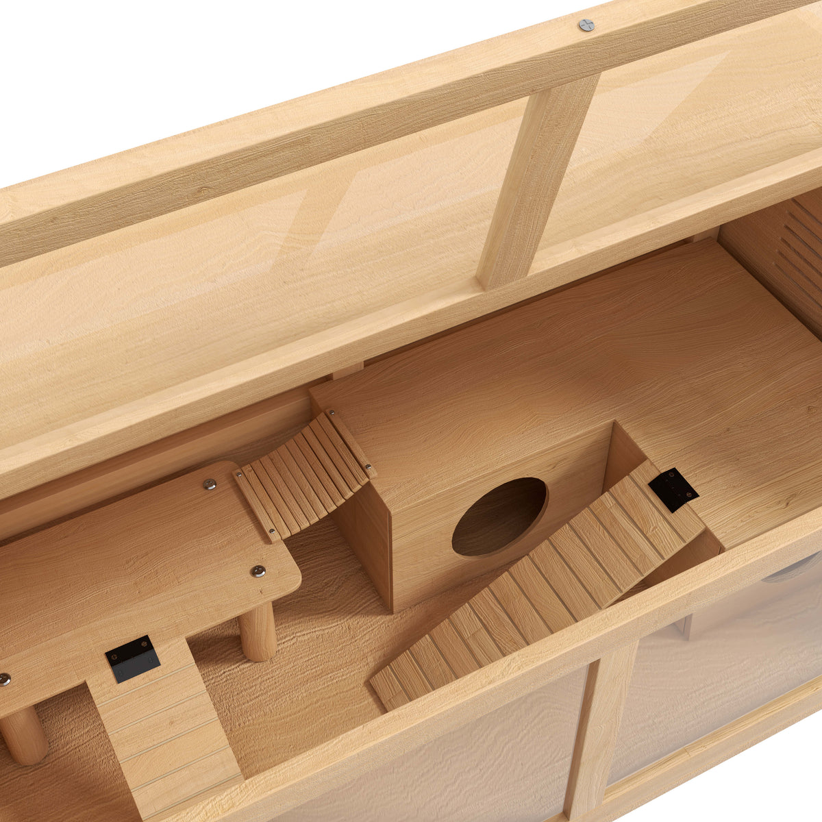 Cage hamster en bois habitat grand pour rongeur ventilation couvercle ouvrant et accessoires 85x45x44cm bois naturel-7