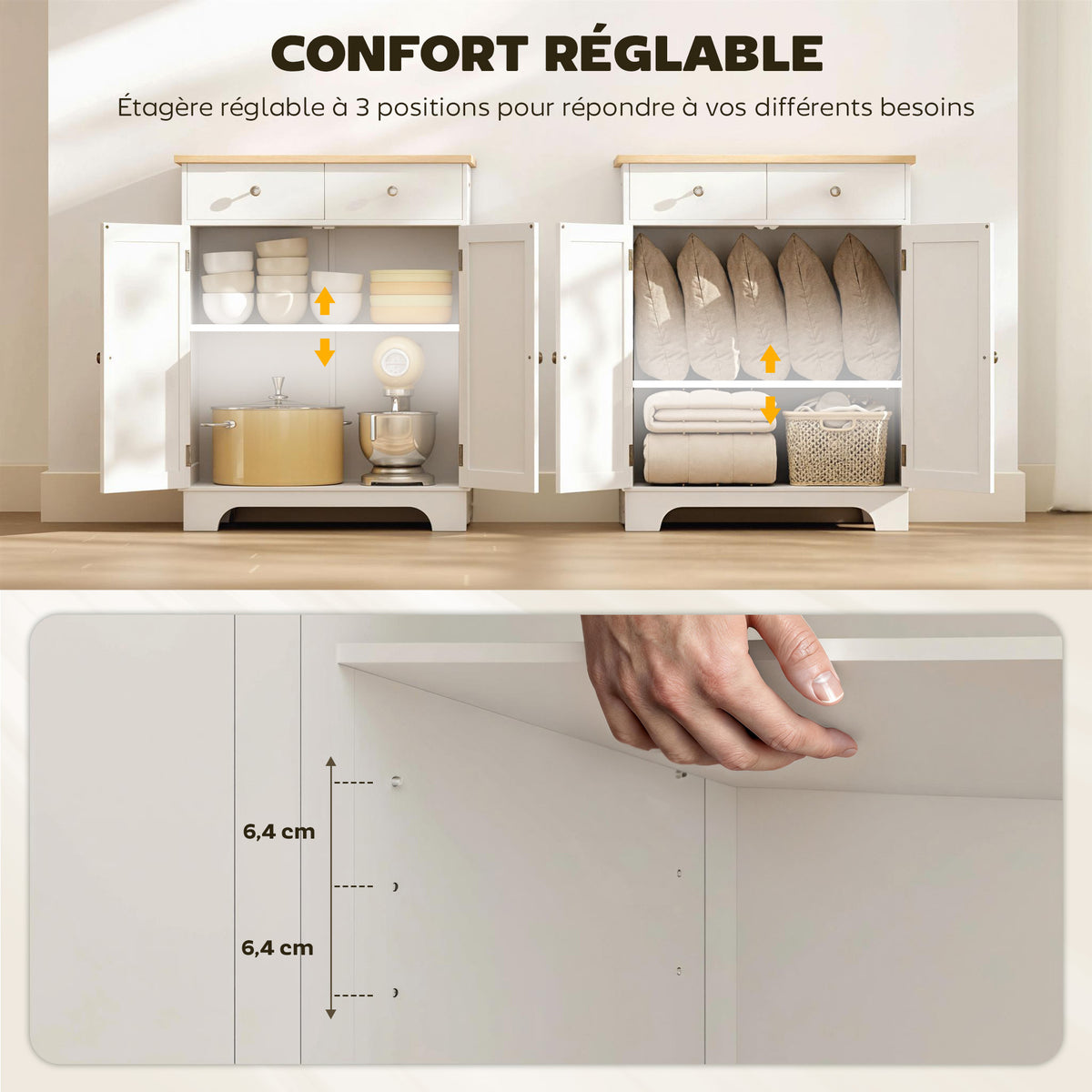 Meuble de rangement buffet salon avec placards à portes, 2 tiroirs et étagère réglable, armoire de rangement pour salon, cuisine, chambre, blanc et bois naturel-5