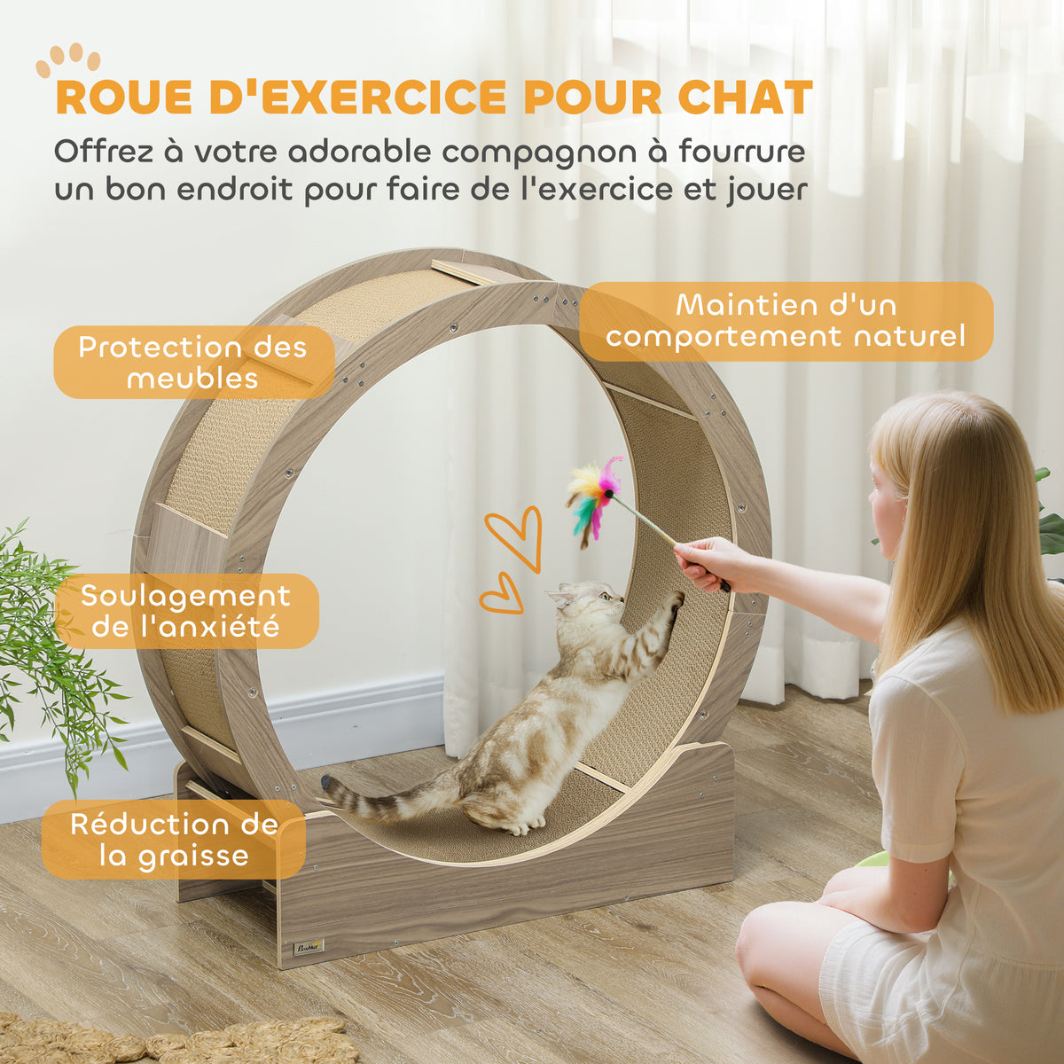Roue d'exercice pour chat roue de course pour chat frein sécurisé et tapis de grattage amovible silencieux 91 cm marron-3