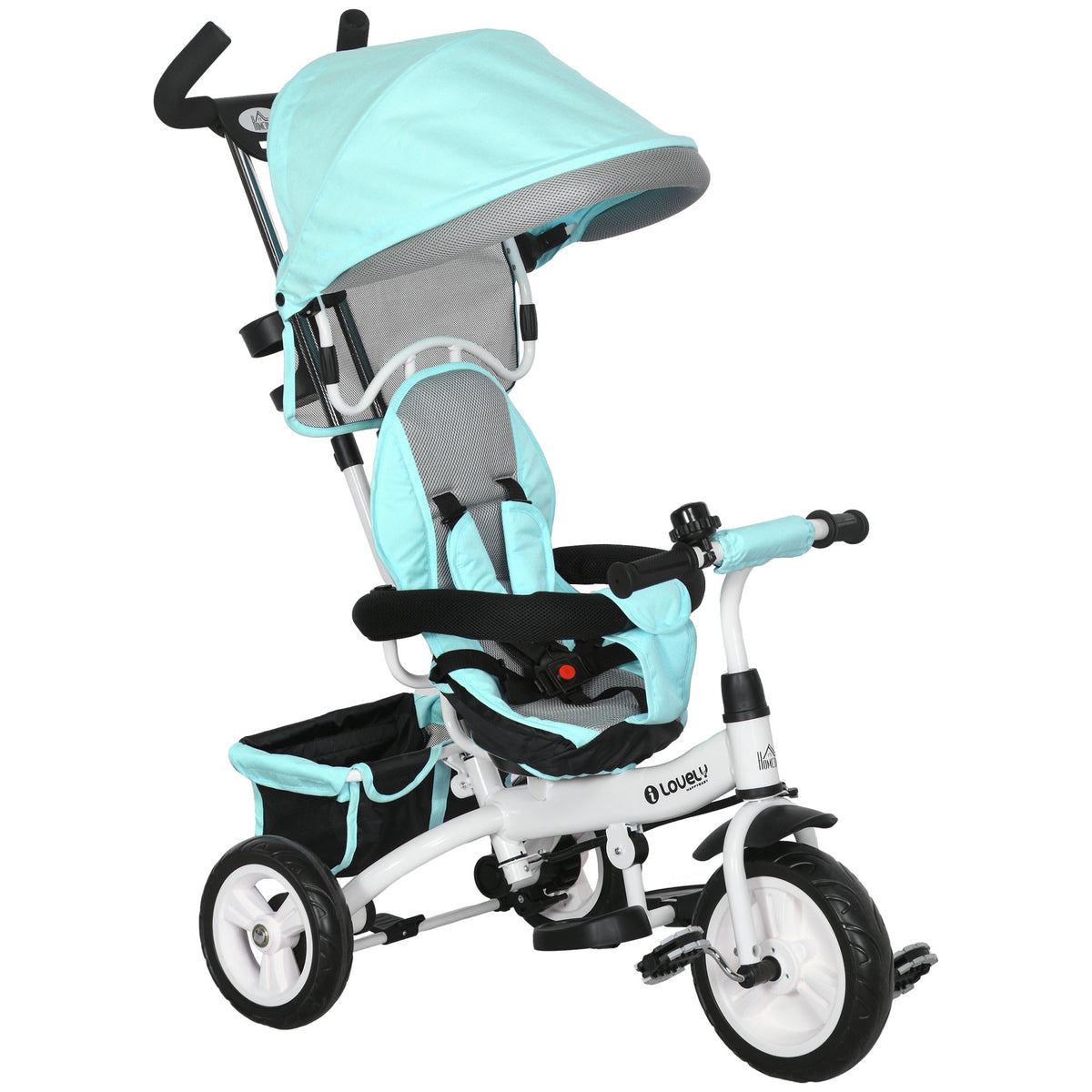 Tricycle 6 en 1 pour enfants, auvent, ceinture de sécurité 5 points, rangement, repose-pieds, frein, 1-5 ans, vert-0