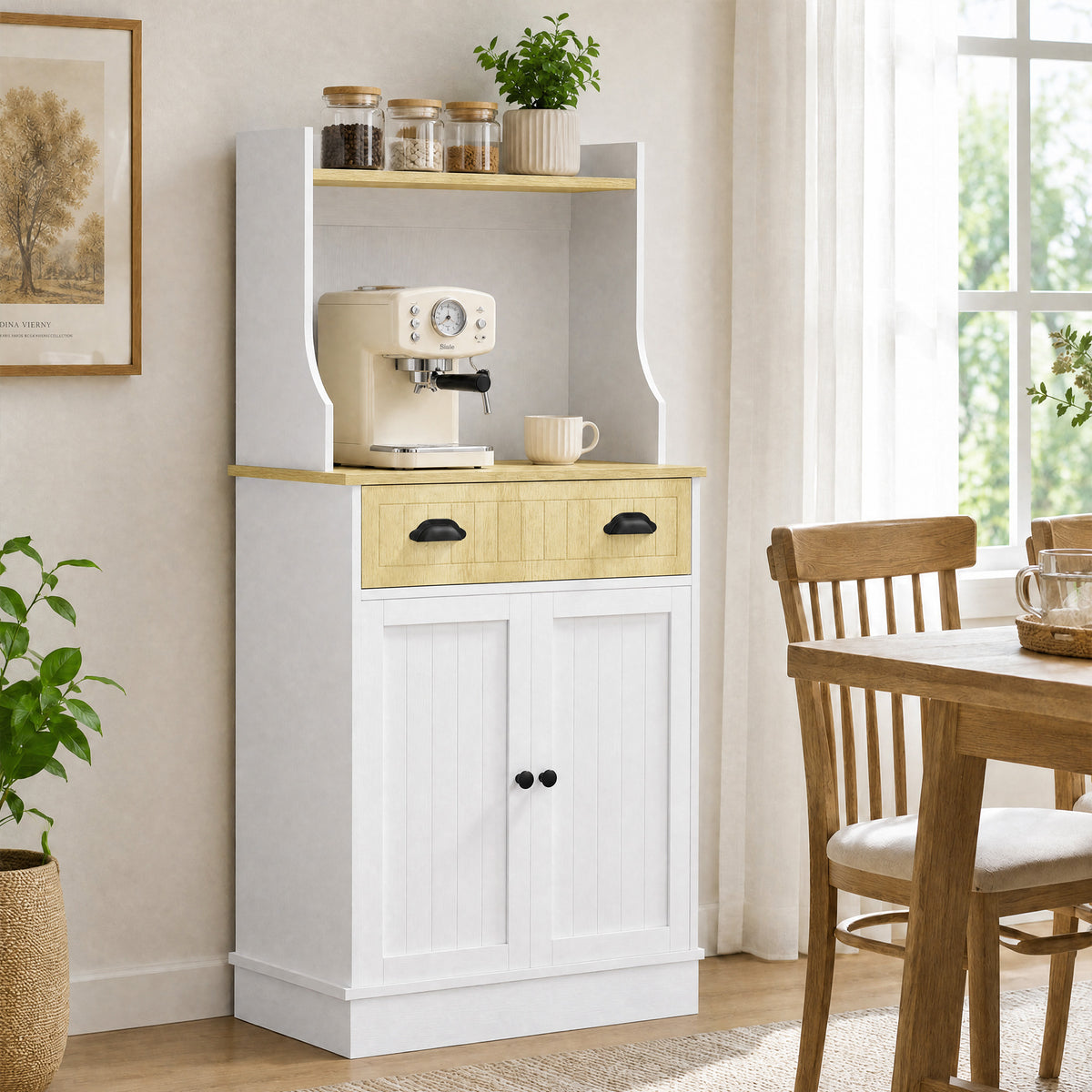 Meuble armoire micro-ondes pour cuisine avec espace ouvert 1 tiroir et placard 2 portes 61 x 35 x 125,4 cm chêne-3