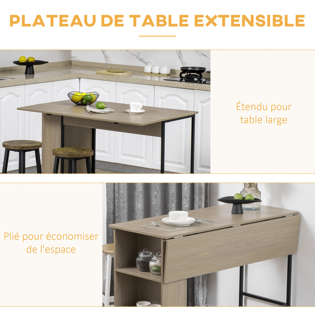 Ilot centra table de bar plateau latéral  rabattable et 3 étagères 120 x 76 x 91,4 cm gris clair-3