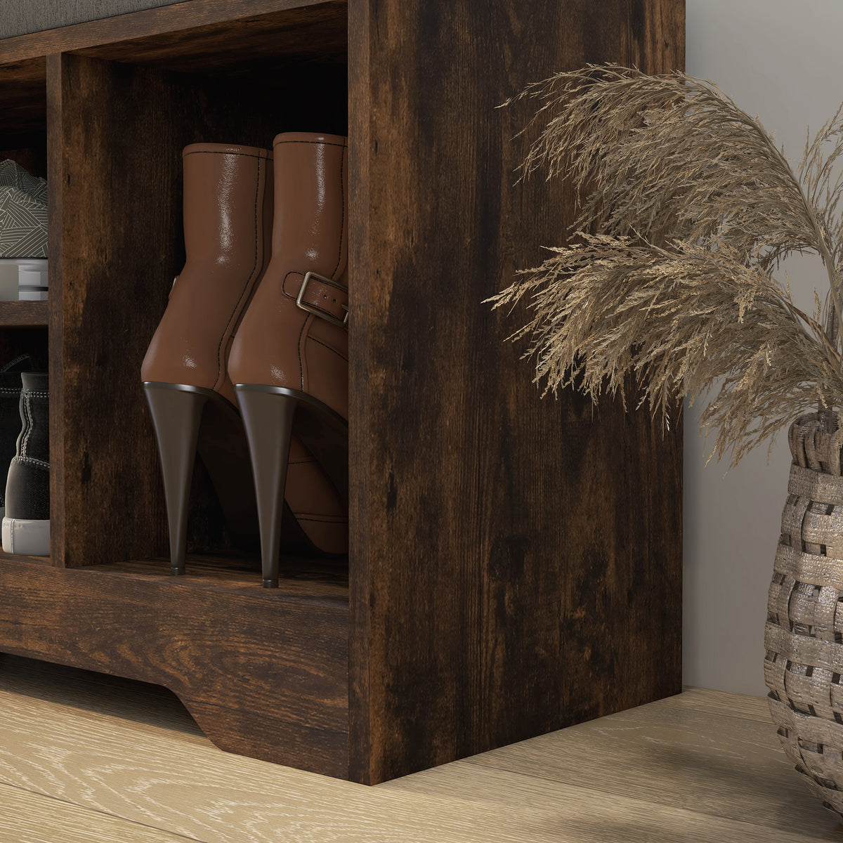 Meuble et Banc à Chaussures, 1 Tiroir et 3 Compartiments, Capacité 5 Paires, MDF, 76,5 x 30 x 52 cm, Marron-8