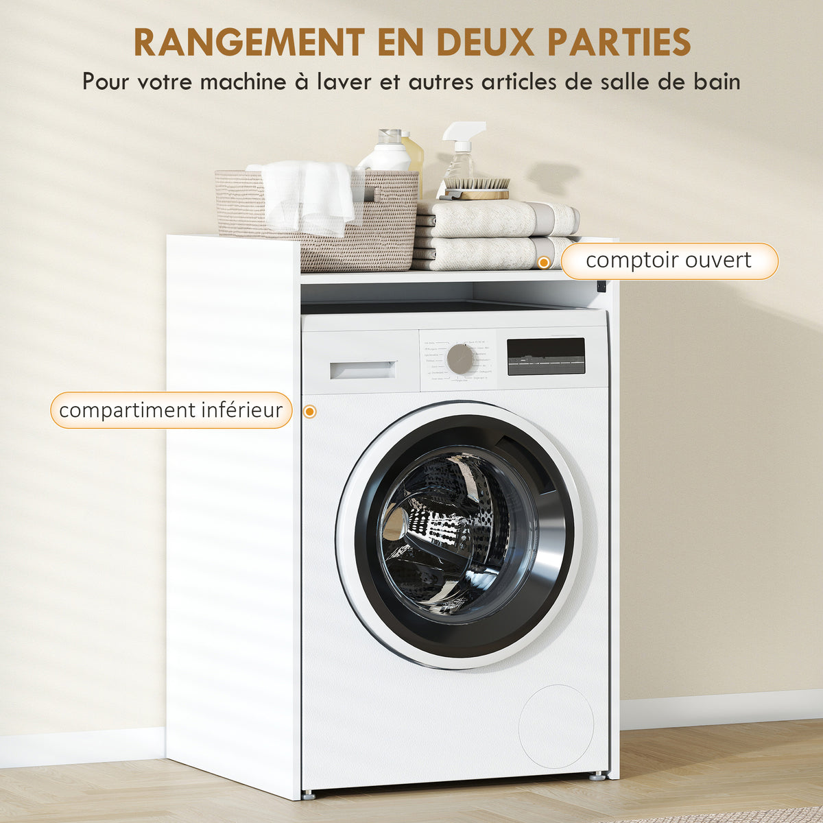 Meuble Machine à Laver avec Plan de Travail, Style Moderne, Anti-Basculement, Meuble de Rangement, 64x60x97,5cm, Blanc-3