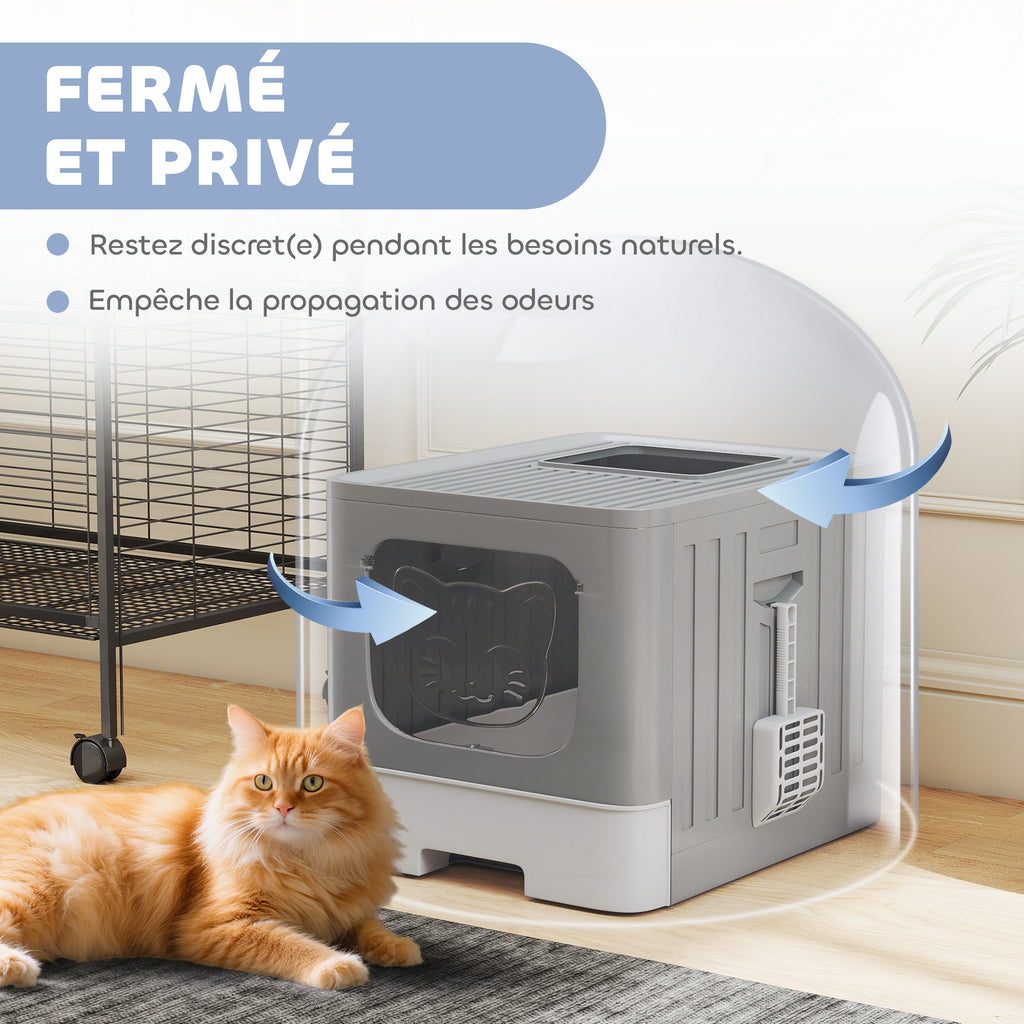 Maison de Toilette pour Chat, Tiroir Coulissant, Couvercle, 2 Portes Réglables, Pelle, Détachable, 48x38x38,5cm, Gris-4