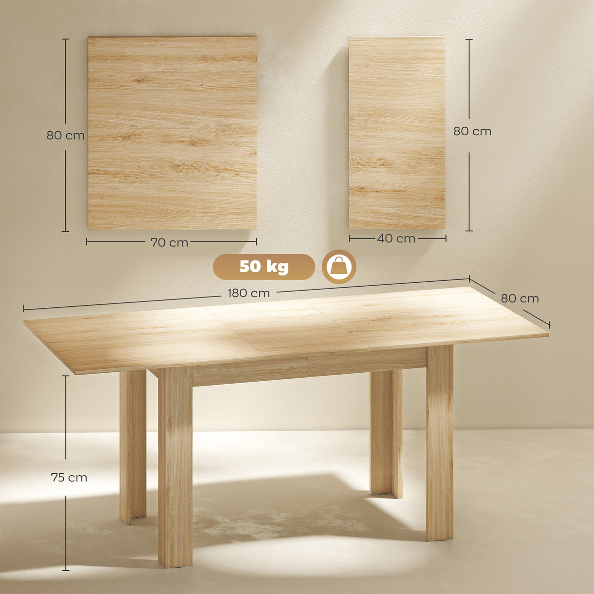 Table à manger extensible, table de cuisine rectangulaire, pour 6-8 personnes, 140-180 x 80 cm, effet bois naturel-2