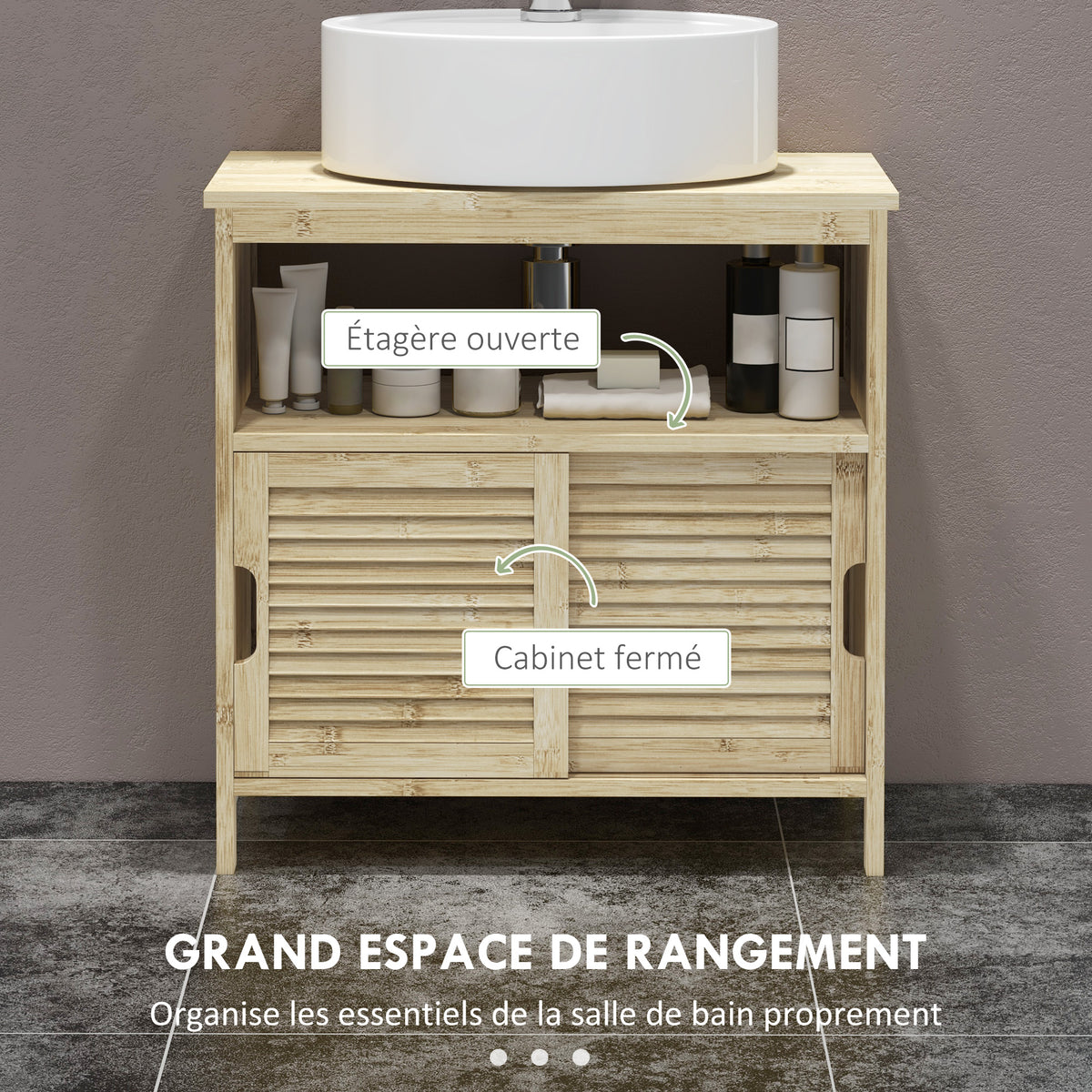 Meuble sous lavabo en Bambou, Meuble de Rangement pour Salle de Bain avec 2 Portes, 60 x 30 x 60 cm, Bois Naturel-4