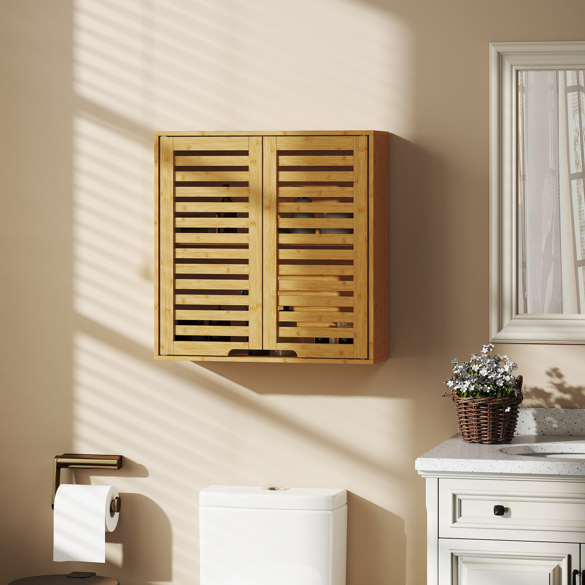 Armoire murale de salle de bain, meuble de rangement avec étagère réglable, en bambou 60 x 20 x 60 cm effet bois naturel-1