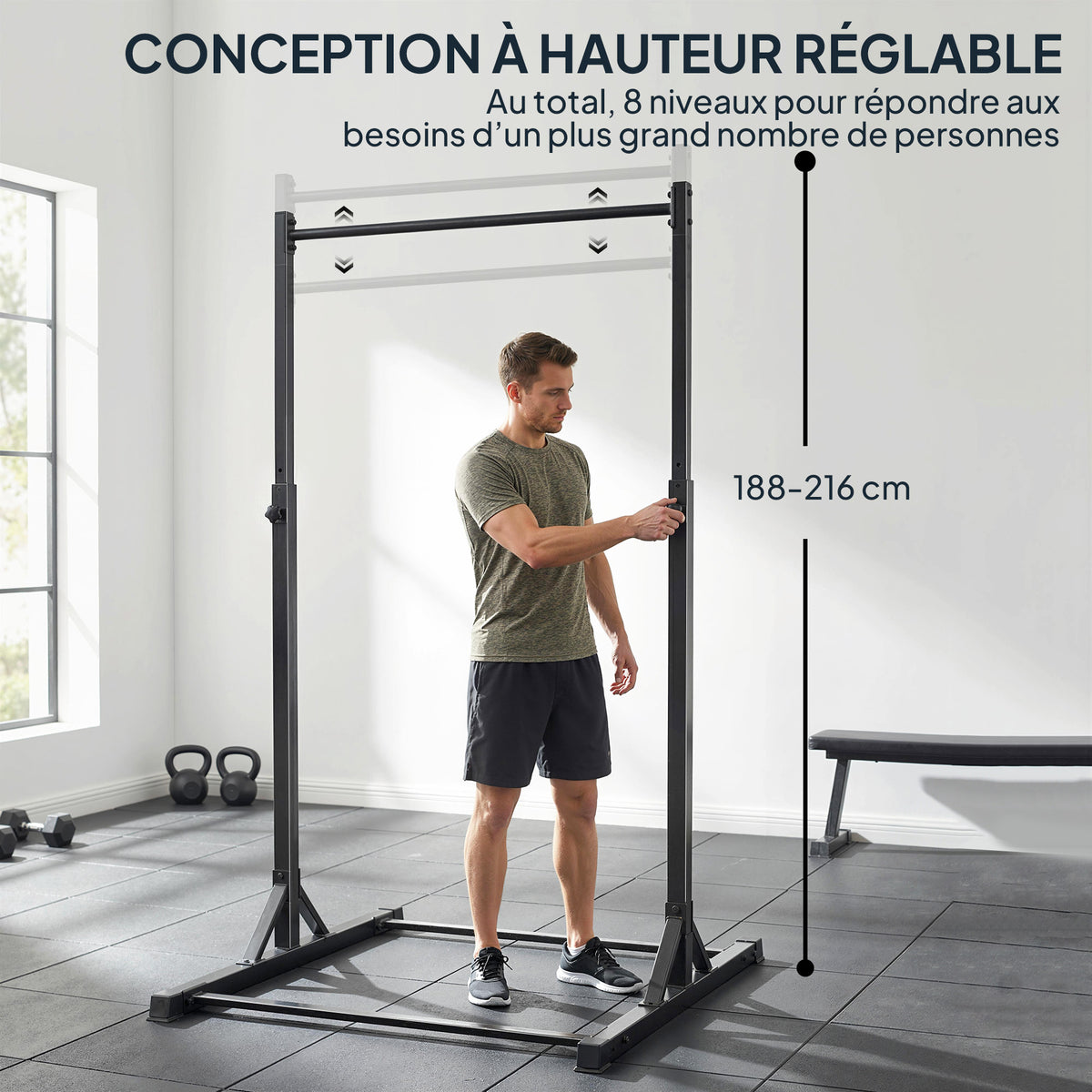 Station de musculation et barre de traction power tower 200 kg avec 8 niveaux de hauteur noir-3