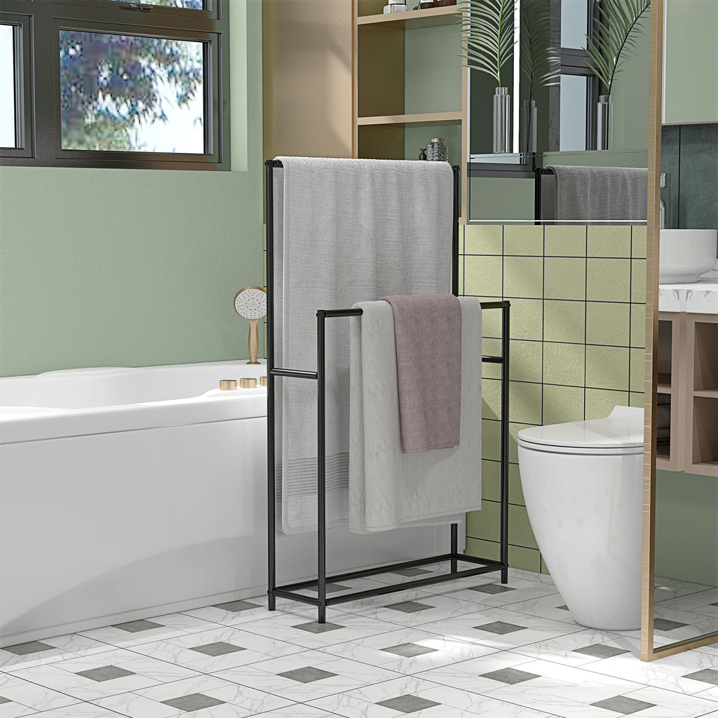 Porte serviettes sur pied sèche serviette 2 niveaux en métal pour la salle de bain, dim. 66l x 20P x 110H cm, noir-1