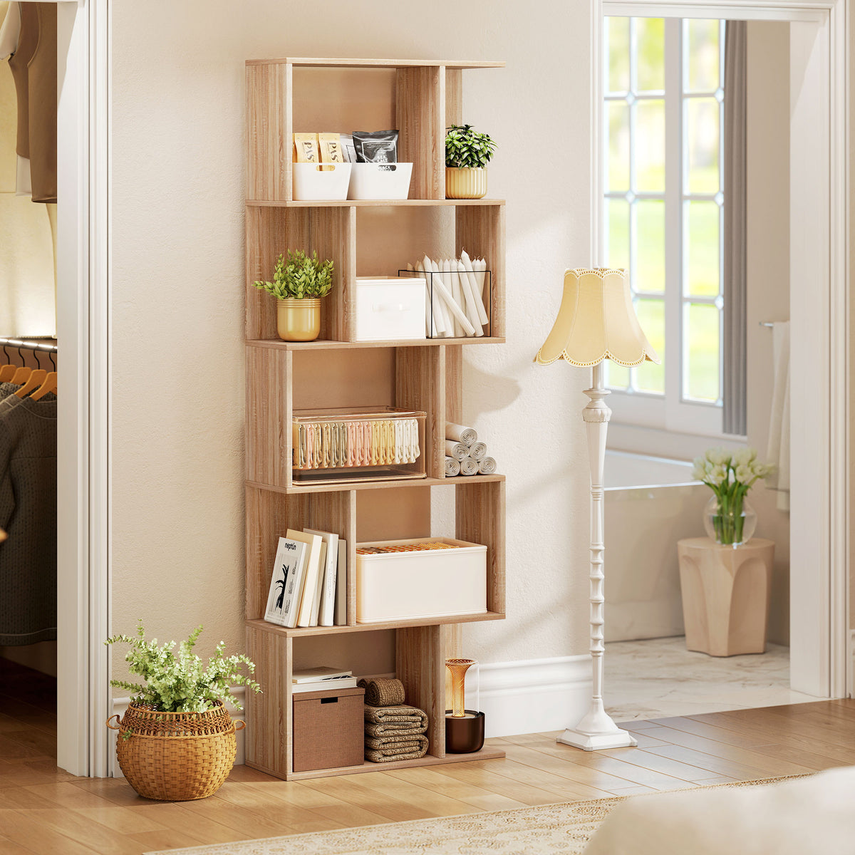 Bibliothèque à 5 niveaux, meuble de rangement en forme de S avec étagères, 60 x 24 x 184,5 cm, effet bois naturel-8