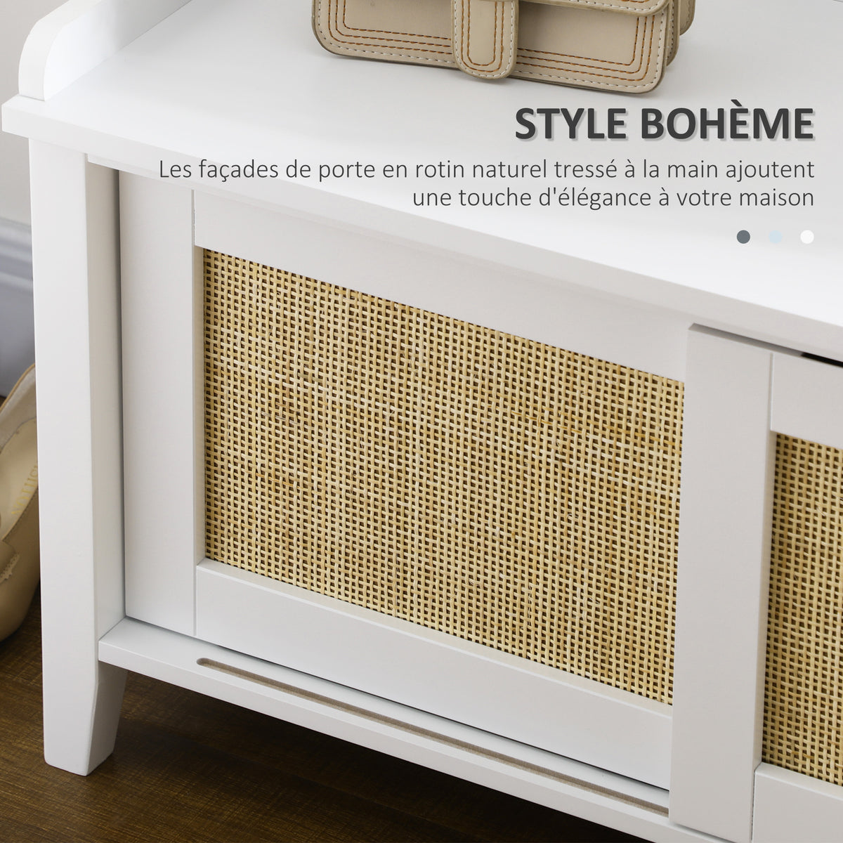 Banc à chaussures meuble de rangement avec porte coulissante et façades rotin tissé 80 x 35 x 45 cm blanc-3