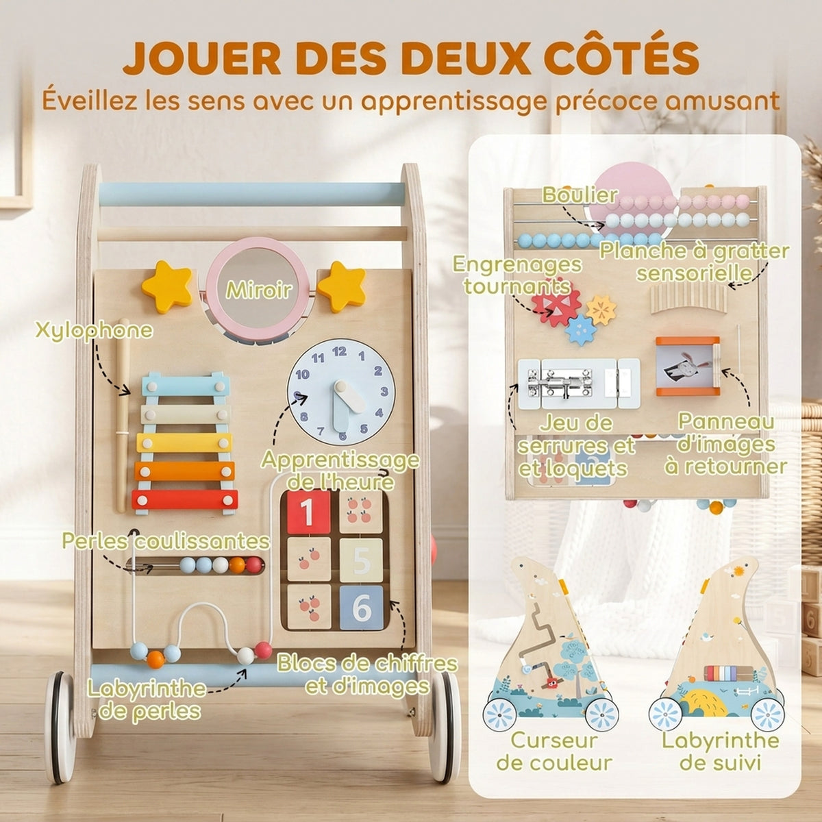 Trotteur Bebe en Bois, Chariot de Marche Bébé, Centre d'Activités Double Face Amovible, Espace de Rangement, Naturel-4
