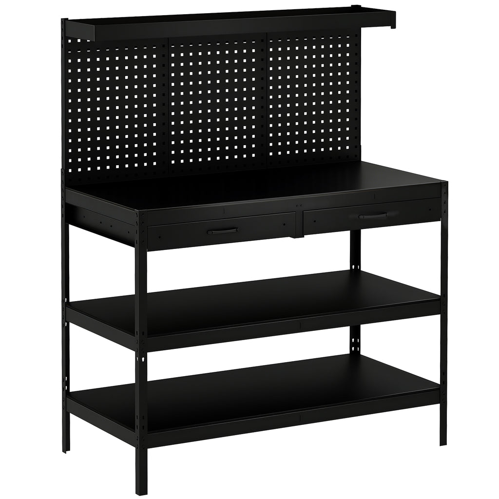 Établi d'Atelier, Charge Max. 272 kg, 122x61x156 cm, Panneau Perforé, 2 Tiroirs et 2 Étagères Réglables, Noir-0