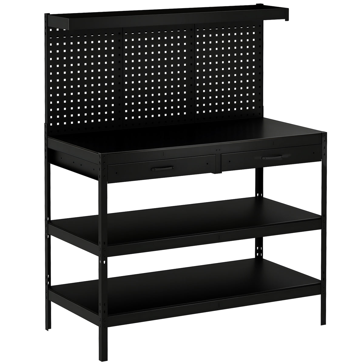 Établi d'Atelier, Charge Max. 272 kg, 122x61x156 cm, Panneau Perforé, 2 Tiroirs et 2 Étagères Réglables, Noir-0
