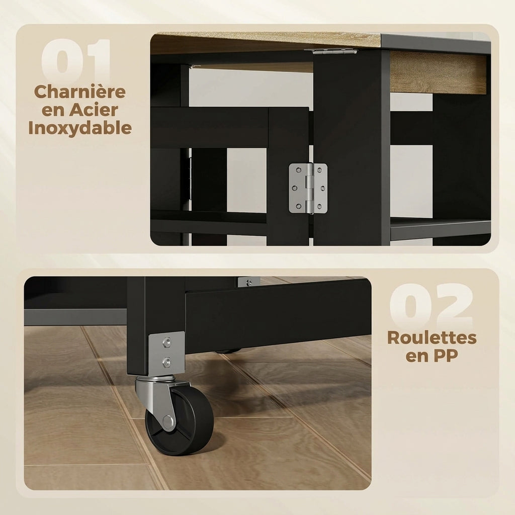 Table à Manger Pliante sur Roulettes, Table de Cuisine pour 2 à 4 Personnes avec Étagères de Rangement, Chêne et Noir-5