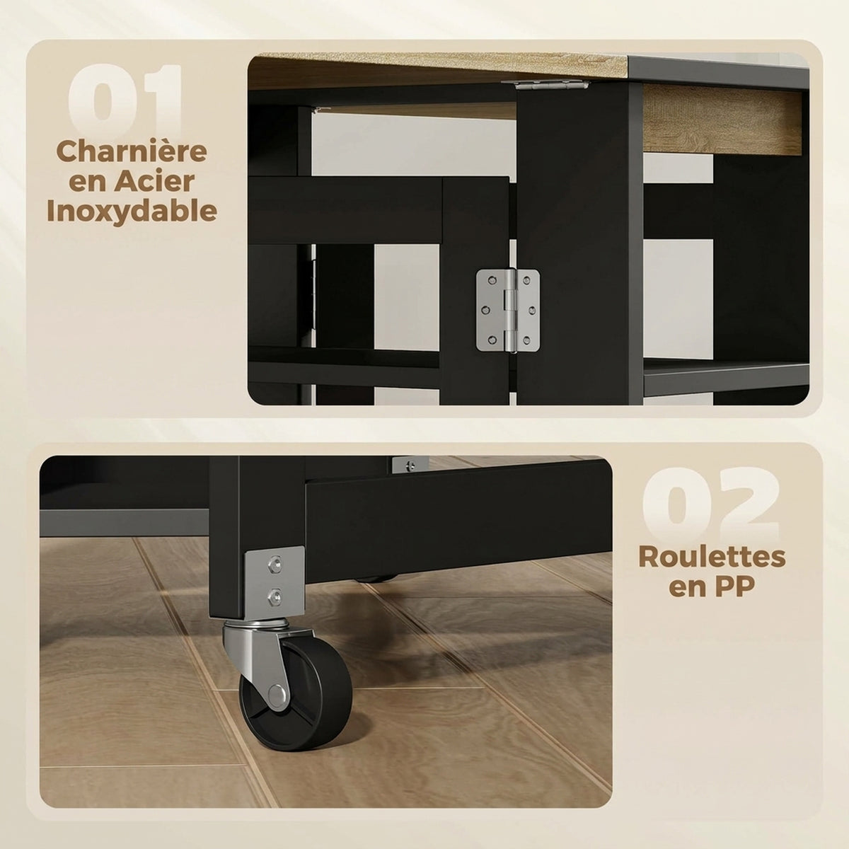 Table à Manger Pliante sur Roulettes, Table de Cuisine pour 2 à 4 Personnes avec Étagères de Rangement, Chêne et Noir-5