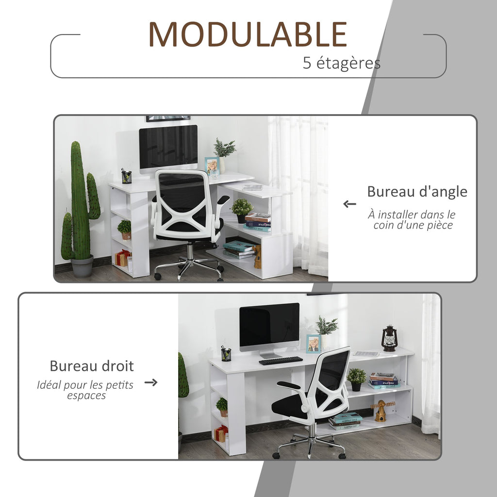 Bureau d'angle table de salle à manger avec rangement bureau informatique modulable bibliothèque intégrée + étagère 3 niveaux blanc-4