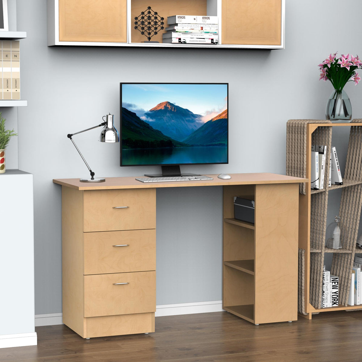 Bureau d'ordinateur avec 3 tiroirs et 3 étagères ouvertes, 120x49x72cm, bureau avec rangement réversible, style moderne, table informatique pour chambre, petit espace, télétravail, bois clair-1
