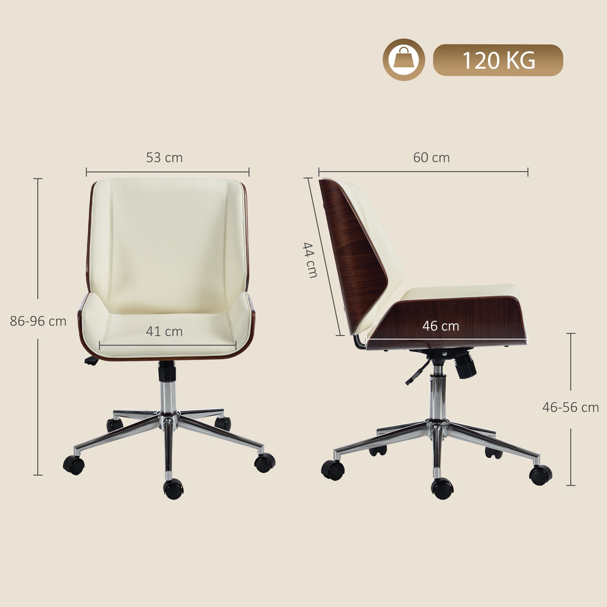 Chaise de Bureau Design Vintage, Hauteur Réglable, Pivotant 360°, Piètement Chromé, 53 x 60 x 86-96 cm, Crème-2