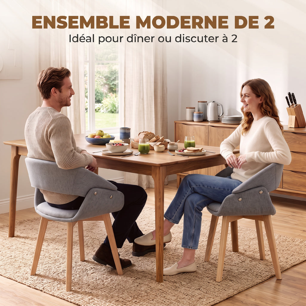 Lot de 2 Chaises Salle à Manger, Chaises de Cuisine en Tissu Effet Lin, Dossier Incurvé, Pieds en Bois de Hêtre, Gris-3
