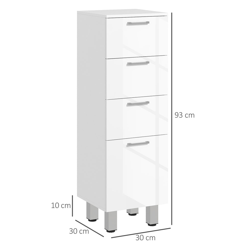 Meuble de salle de bain sur pied - 4 tiroirs et base surélevée, commode salle de bain salon chambre, 30x30x93cm, blanc-2