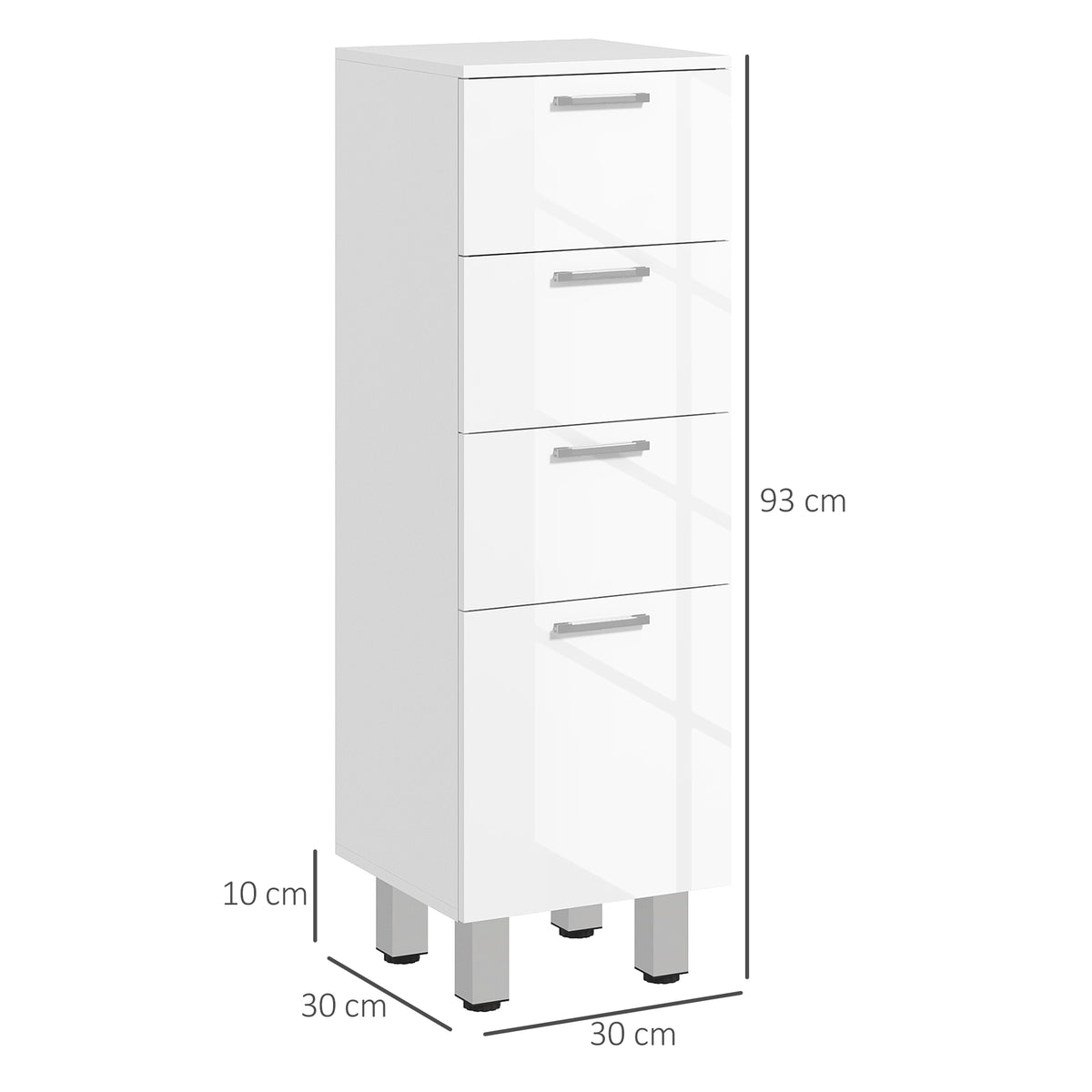 Meuble de salle de bain sur pied - 4 tiroirs et base surélevée, commode salle de bain salon chambre, 30x30x93cm, blanc-2