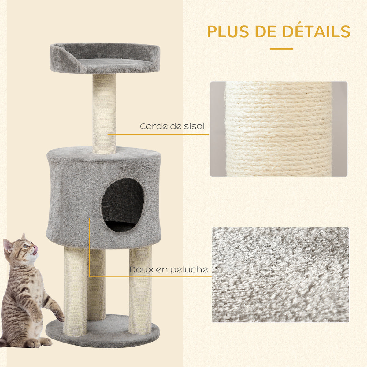 Arbre à chat griffoirs grattoirs sisal naturel arbre à grimper niche plate-forme en peluche hauteur 103 cm gris-5
