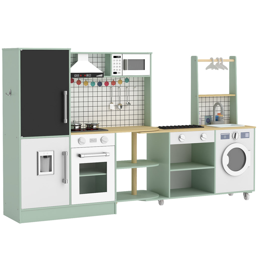 Cuisine Enfant Jouet d'Imitation, Micro-Ondes, Four, Plateau Rotatif sur Roulettes, 160x32x97,5cm, Vert Clair-0