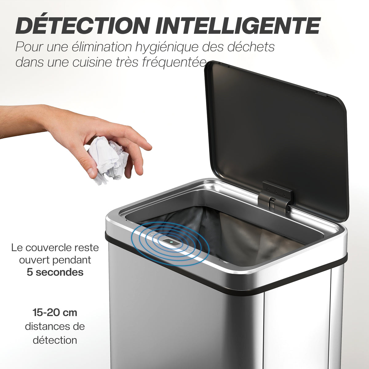 Poubelle à Capteur de 40L, Couvercle à Fermeture en Douceur, Poubelle de Cuisine Automatique Acier Inoxydable, Argenté-3